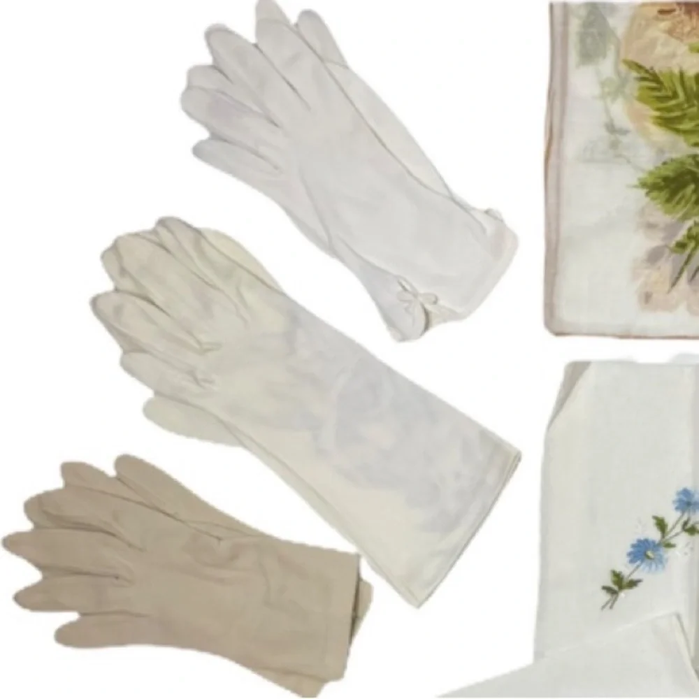 Vintage Gloves & Vintage Handkerchief Set Romantic Floral Antique Linen Bundle